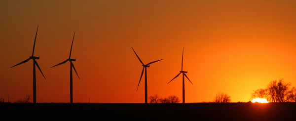 Iowa wind turbines shown along a road at sunset