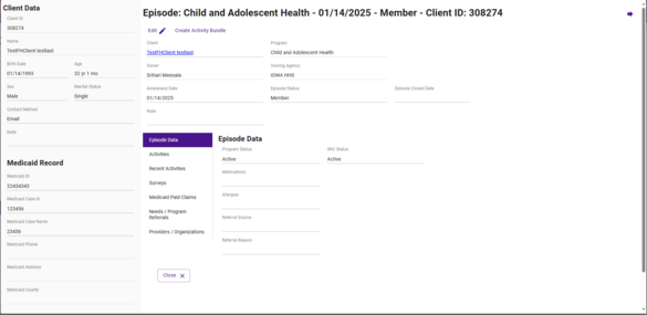 Client Data Displayed on Left Side