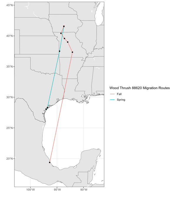 Map showing the Motus station locations where the Motus tagged Wood Thrush 88620 was detected during fall 2024 and spring 2025 migrations.