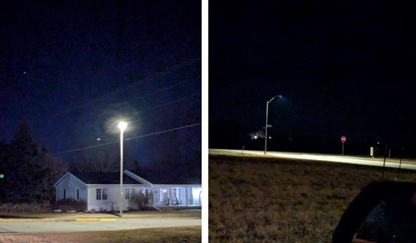Photos showing street lights with shielded and unshielded light.