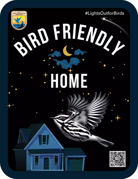 Bird Friendly Home sign showing a bird migrating near a home at night.