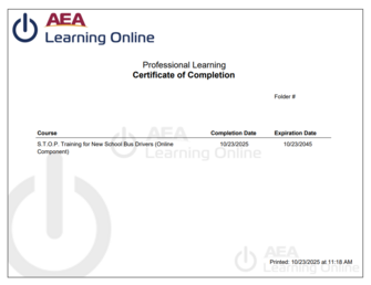 AEA STOP Certificate of Completion