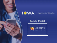 DOE_Achieve Family Portal graphic with photo of a woman tapping a cell phone screen