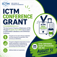 **Alt textICTM Marilyn Zweng Teacher Grant for first-year Iowa mathematics teachers offering $500 or $300 grants; applications close August 20.