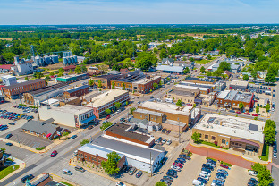 Aerial shot of a midwestern small town 