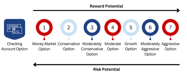 From lower risk and reward potential to higher risk and reward potential: Checking Account Option, Money Market Option, Conservative Option, Moderately Conservative Option, Moderate Option, Growth Option, Moderately Aggressive Option, Aggressive Option.