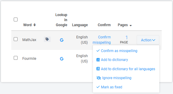 Actions for potential misspellings