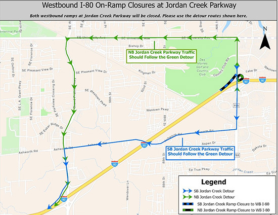 Westbound I-80 ramps at Jordan Creek Parkway detour map
