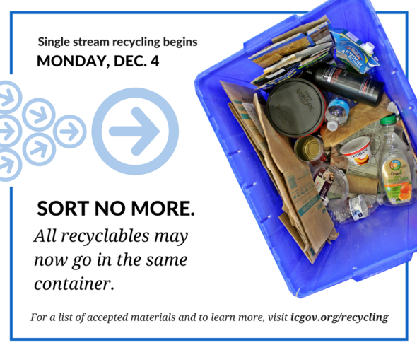 An image promoting no sort or single stream recycling in Iowa City 