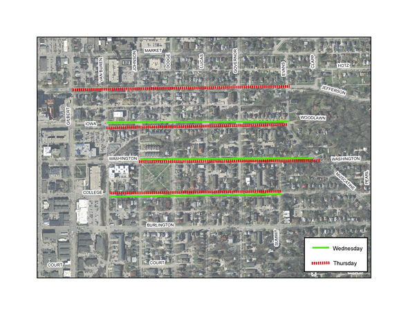 A map of where Iowa City snow trucks will plow on Feb. 14 & 15, 2018. Vehicles must be moved off of the street in these areas or will be towed.