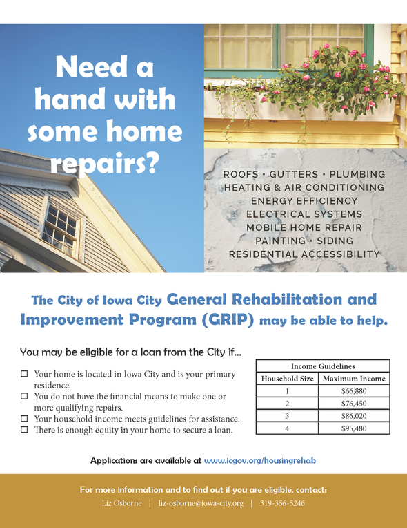 A flyer promoting the City of Iowa City home repair loan program, GRIP. 