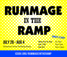 Graphic that says "Rummage in the Ramp" with event information, including hours