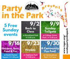 Graphic illustrating dates for upcoming Party in the Park events