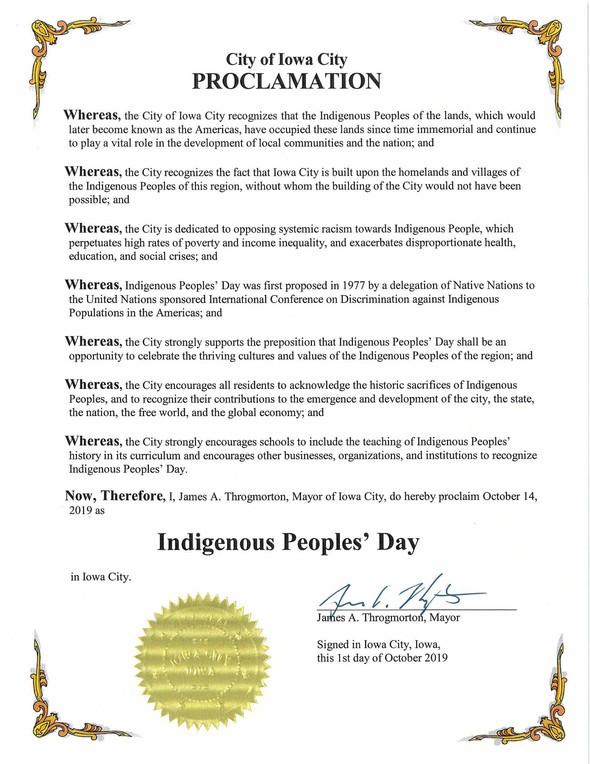 The proclamation for Indigenous People's Day in Iowa City. 