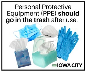 Graphic reading "Personal protective equipment should go in the trash after use"
