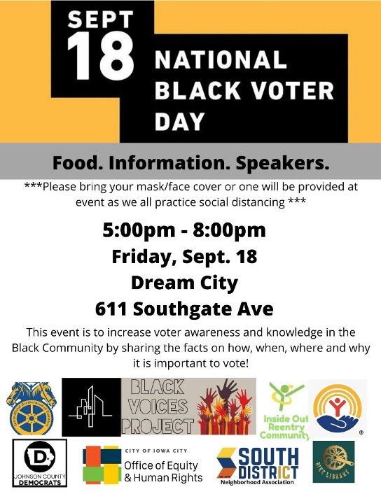 A flyer for the Sept. 18, 2020 National Black Voter Day event in Iowa City. 