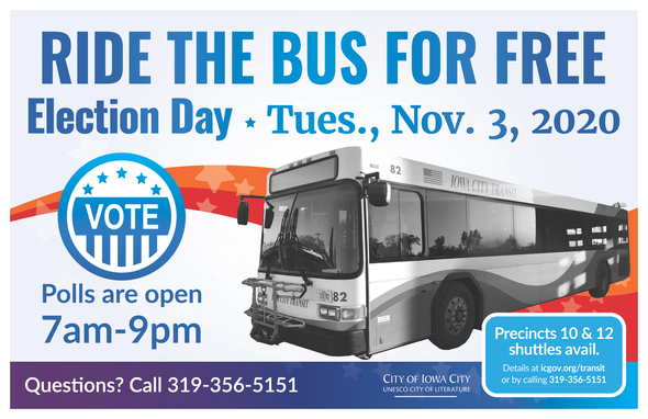 A graphic promoting free bus rides on Election Day, Tuesday, Nov. 3, 2020. 