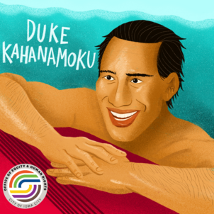 An illustration of legendary surfer Duke Kahanamoku is shown. 