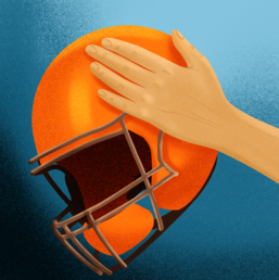 An illustrated image of an American football helmet is shown. 