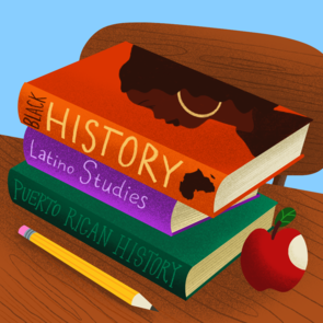 An illustrated image of text books, including Latino, Black, and Puerto Rican history, is shown. 