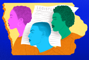 An illustration shows the profiles of three people over the state of Iowa. 