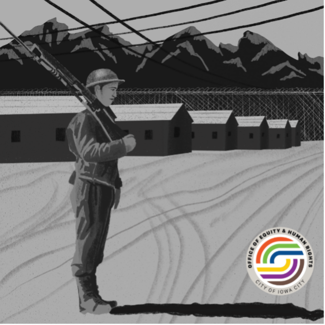 An illustration of a solider with a rifle at an Japanese American internment camp. 