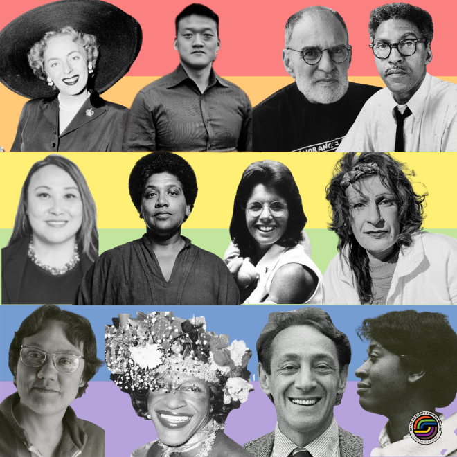 A collage of LGBTQ+ leaders is shown. 