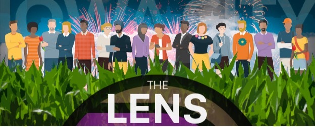 The banner image for The Lens newsletter shows multiple cartoon people in summer attire. 