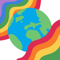 blue and green earth graphic between two rainbow squiggles