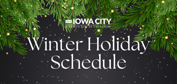 A graphic that shows snow falling under a evergreen tree with text: winter holiday schedule. 