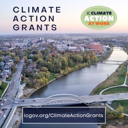 The Iowa River and Downtown Iowa City are shown from above with text: Climate Action Grant.