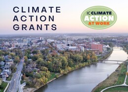 The Iowa River and Downtown Iowa City are shown from above with text: Climate Action Grant.