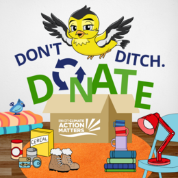 Goldie is shown with a collection of donation items