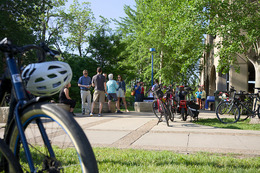 Bikes and attendees at the Bike to Work breakfast are pictured
