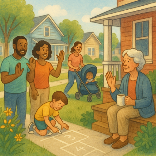 Neighborhood families greeting one another