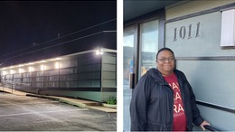 photo collage showing exterior lights and staff member at New Life Apostolic Ministries