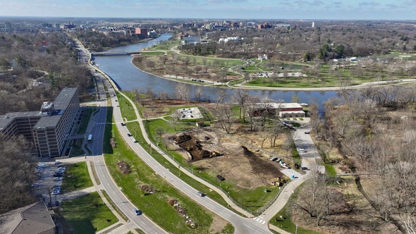 Aerial photos of construction crews digging out dirt on the construction site at Terrell Mill Park.