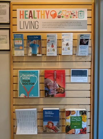a display at a public library featuring health resources for patrons