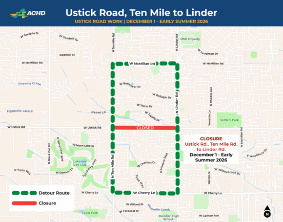 Ustick Road, Ten Mile to Linder closure detour map