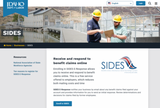 Screenshot of the SIDES homepage with an image of two people looking at a clipboard talking and text explaining how to enroll in SIDES