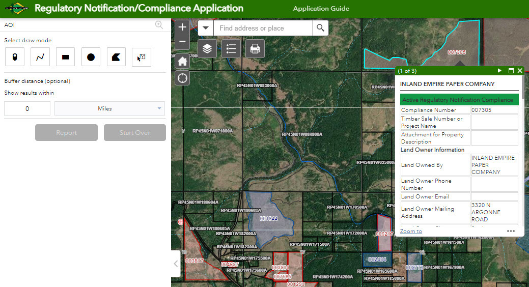 Screenshot of Regulatory Notification/Compliance Application displaying parcels with compliance numbers