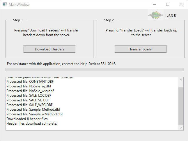 Screenshot of Scale Data Transfer application with log saying Header files download complete