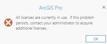 ArcGIS Pro error message saying "All licenses are currently in use."