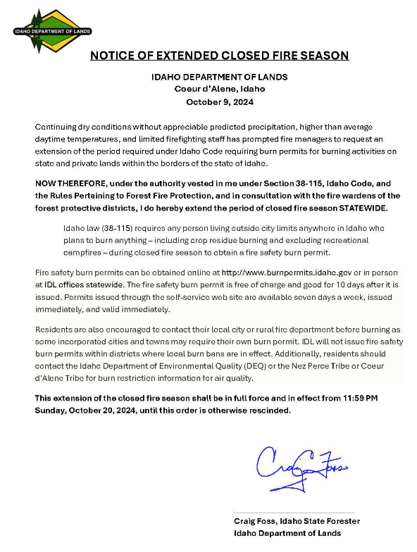 Extension of Closed Fire Season Proclamation
