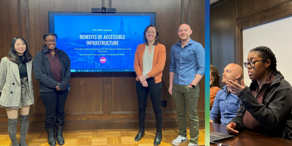Collage of two photos: left photo is four graduate students standing in front of a large screen smiling, right photo is a graduate student speaking