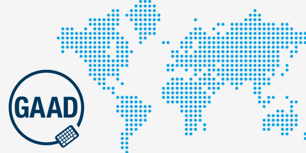 Global Accessibility Awareness Day logo near a stylized dot pattern map of the world