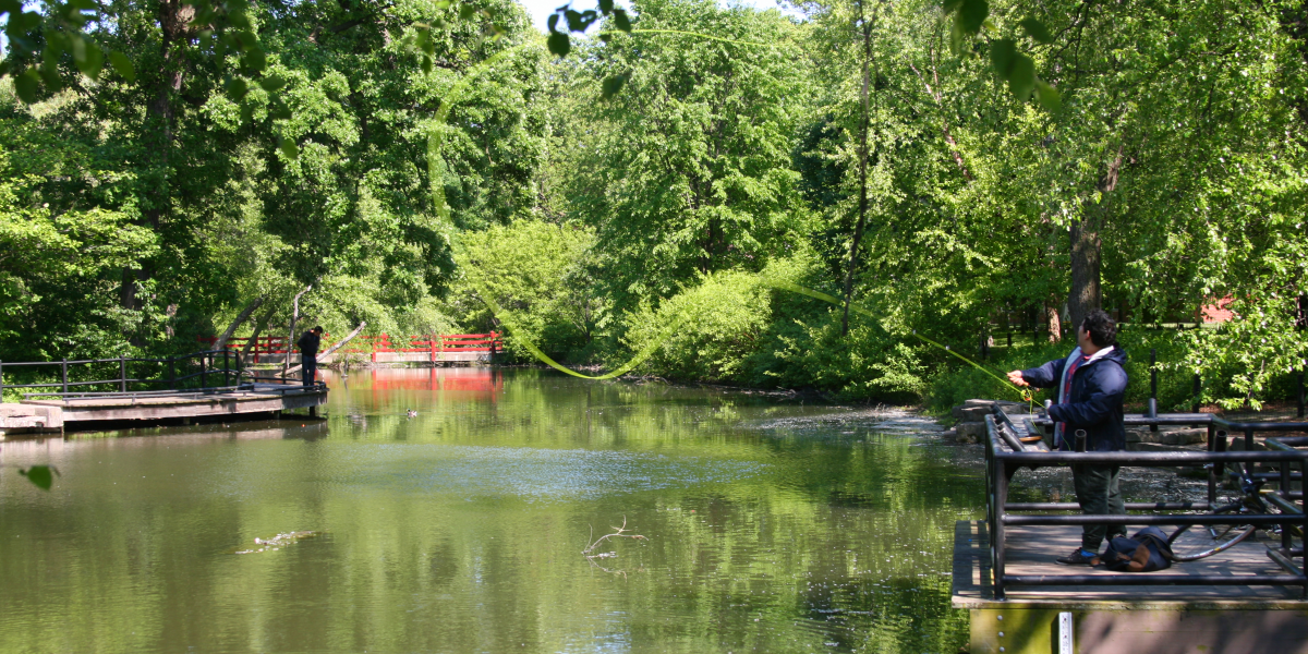 Person casting a fly-fishing line at a fishing bridge on a river