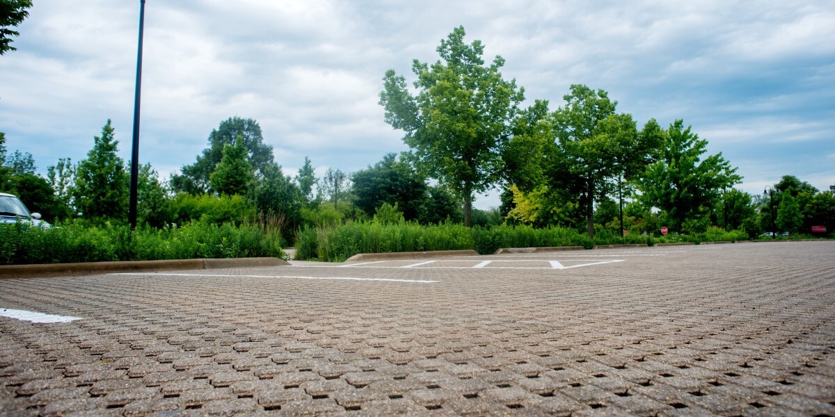 Parking lot made from of permeable paving bricks