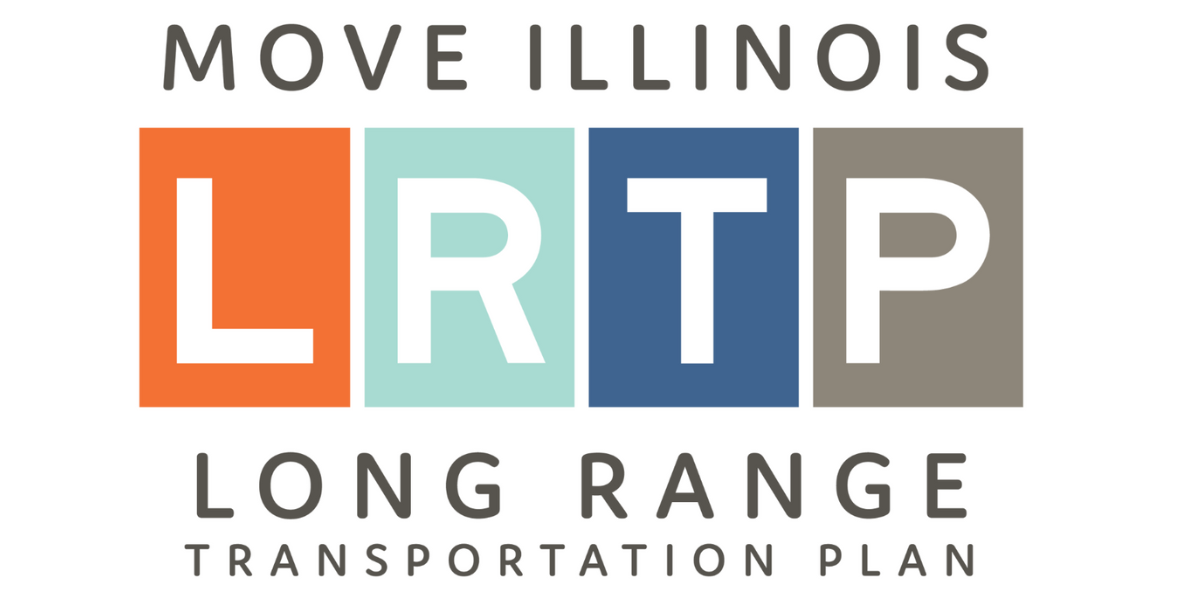 Logo comprised of stacked text reading: Move Illinois, LRTP, long range, transportation plan