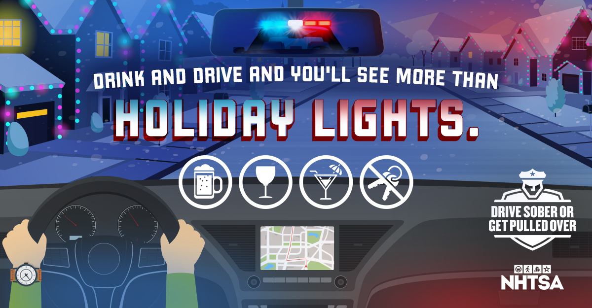 Illustration from driver's view of street with holiday lights, police lights in rear mirror; “Drink and drive and you'll see more than holiday lights”